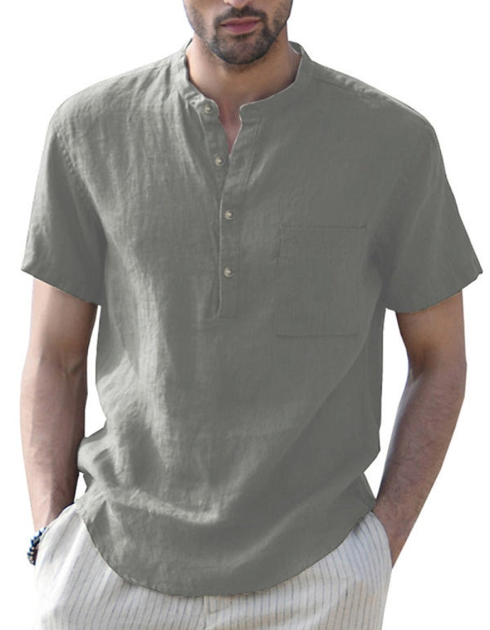 SHOPIQAT Men's Woven Casual Stand Collar Linen Short Sleeve Shirt - Premium from shopiqat - Just $6.900! Shop now at shopiqat